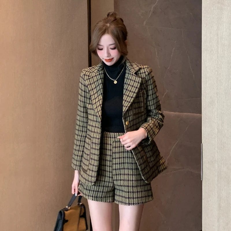 SHOWLU FASHION STORE High Quality Plaid Tweed Two Piece Set Women Winter Notched Collar Single Breasted Thick Blazer Coat+Woolen Pockets Shorts Suit