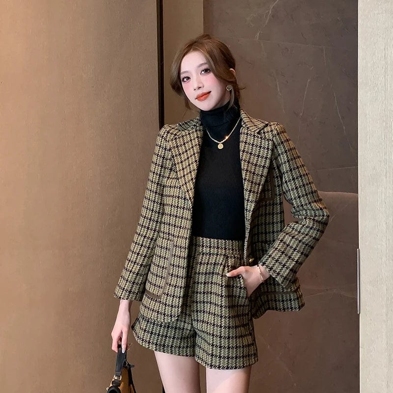 SHOWLU FASHION STORE High Quality Plaid Tweed Two Piece Set Women Winter Notched Collar Single Breasted Thick Blazer Coat+Woolen Pockets Shorts Suit