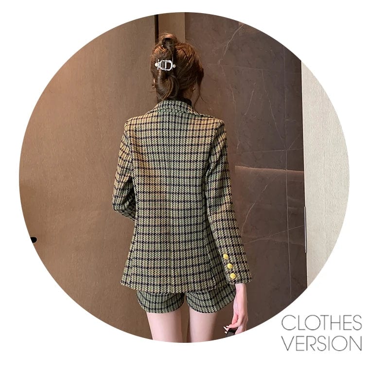 SHOWLU FASHION STORE High Quality Plaid Tweed Two Piece Set Women Winter Notched Collar Single Breasted Thick Blazer Coat+Woolen Pockets Shorts Suit