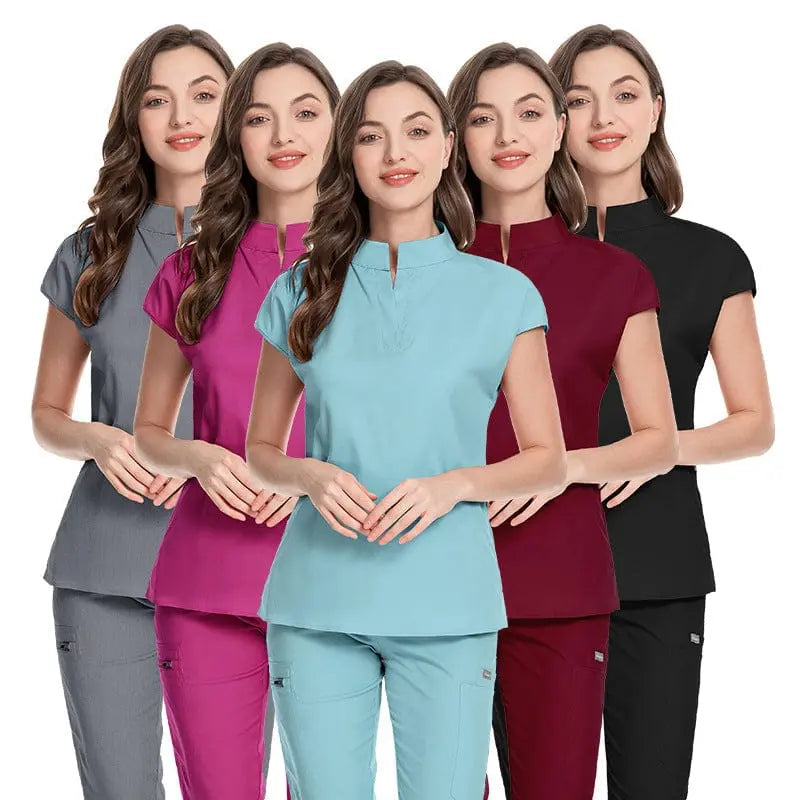 Showlu Women's medical scrubs in elastic polyester-rayon fabric with a custom logo, featuring a hospital uniform design.