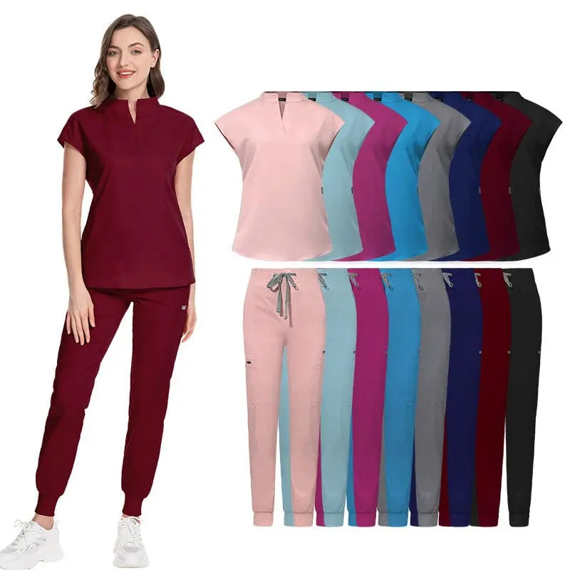 Showlu Women's medical scrubs made of elastic polyester-rayon fabric, featuring a hospital uniform design with a custom logo.