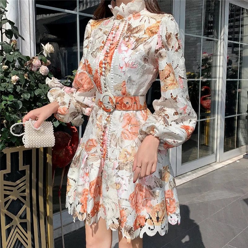  Showlu Fashion Store High Quality Vintage Hollow Out Lace Floral Embroidery Party Dress Women Stand Collar Lantern Sleeve High Waist Mini Dress Robe