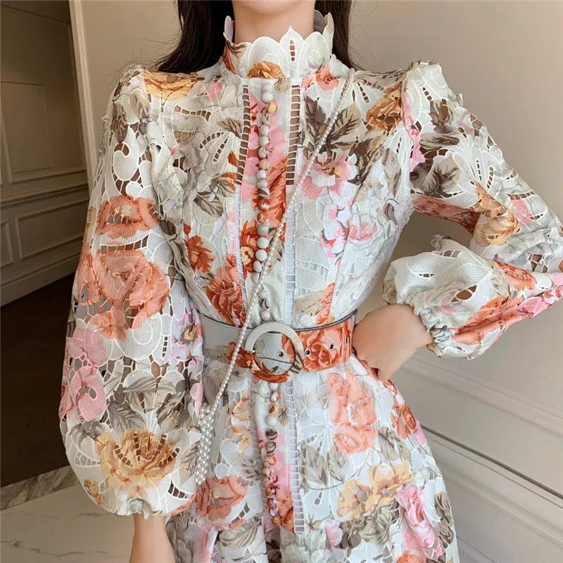  Showlu Fashion Store High Quality Vintage Hollow Out Lace Floral Embroidery Party Dress Women Stand Collar Lantern Sleeve High Waist Mini Dress Robe