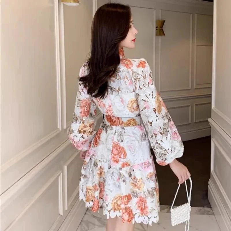  Showlu Fashion Store High Quality Vintage Hollow Out Lace Floral Embroidery Party Dress Women Stand Collar Lantern Sleeve High Waist Mini Dress Robe