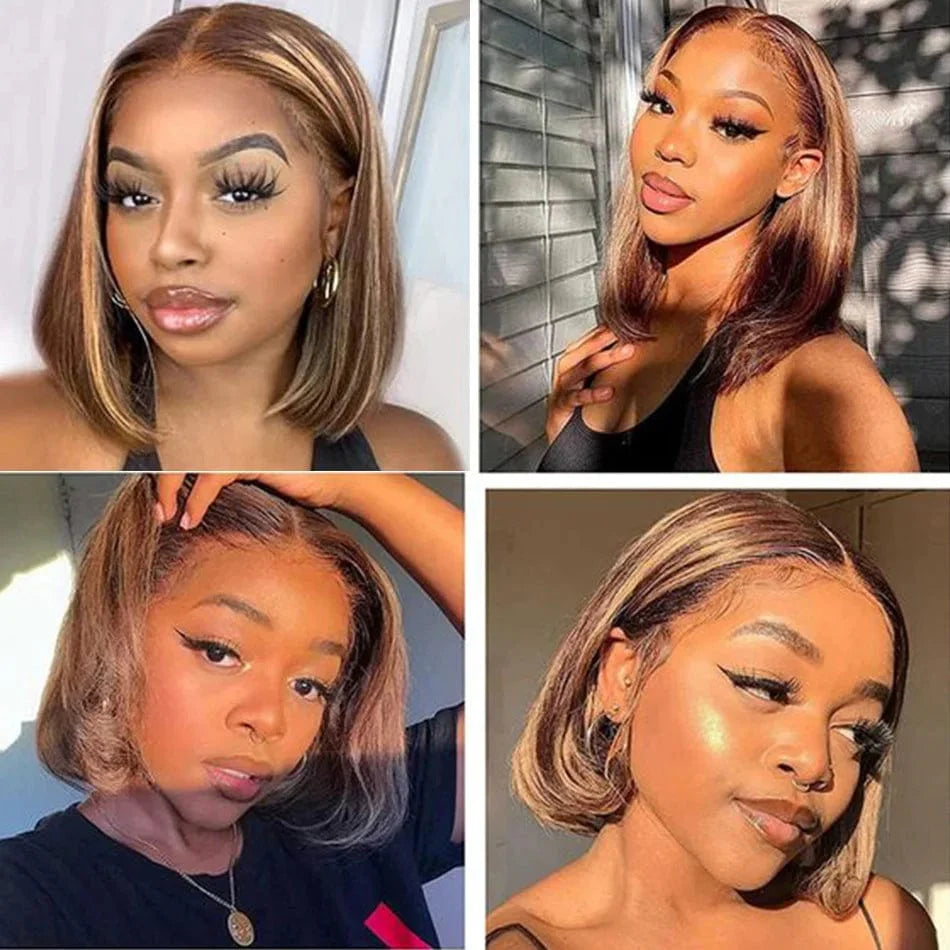 Brazilian straight lace front human hair short bob wig by SHOWLU FASHION STORE, featuring sleek, natural-looking straight hair style.