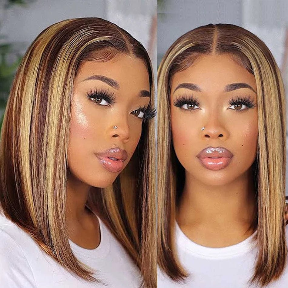 Showlu FASHION STORE Brazilian straight lace front short bob wig made of human hair, showcasing a sleek, natural-looking hairstyle.