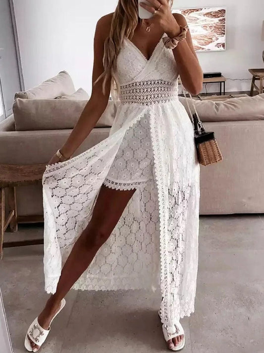  Showlu Fashion Store Hollow Out Floral Lace Playsuit Sundress Lady Outfit Women Spaghetti Straps Long Beach Dress Boho Summer Sleeveless