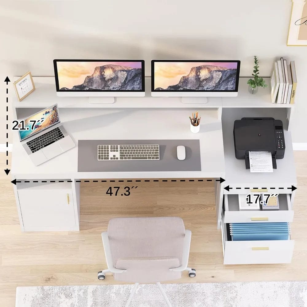 SHOWLU FASHION STORE Home Office Desk with File Drawers, Cabinet with Long Monitor Stand, Printer Stand, Writing Study Table, Computer Game Table