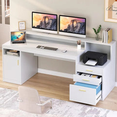 SHOWLU FASHION STORE Home Office Desk with File Drawers, Cabinet with Long Monitor Stand, Printer Stand, Writing Study Table, Computer Game Table