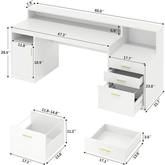 SHOWLU FASHION STORE Home Office Desk with File Drawers, Cabinet with Long Monitor Stand, Printer Stand, Writing Study Table, Computer Game Table