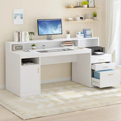 SHOWLU FASHION STORE Home Office Desk with File Drawers, Cabinet with Long Monitor Stand, Printer Stand, Writing Study Table, Computer Game Table