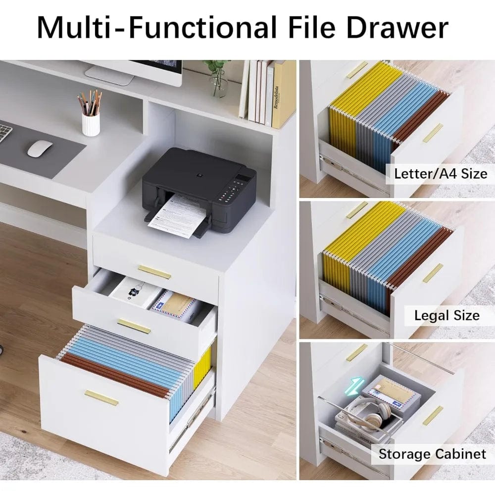 SHOWLU FASHION STORE Home Office Desk with File Drawers, Cabinet with Long Monitor Stand, Printer Stand, Writing Study Table, Computer Game Table