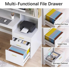 SHOWLU FASHION STORE Home Office Desk with File Drawers, Cabinet with Long Monitor Stand, Printer Stand, Writing Study Table, Computer Game Table