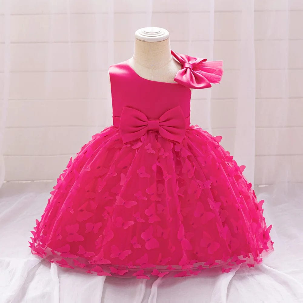 SHOWLU FASHION STORE hot pink / 18-24M (80) Bow Baby Girls White Baptism Dress Butterfly Tulle Infant Baby 1st Birthday Wedding Gown Flower Girl Tutu Princess Party Dresses