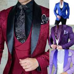 SHOWLU FASHION STORE Hot Selling Men Suits Pattern and Black Groom Tuxedos Shawl Satin Lapel Groomsmen Wedding Best Man ( Jacket+Pants+Vest+Tie) C691