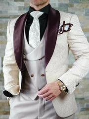 SHOWLU FASHION STORE Hot Selling Men Suits Pattern and Black Groom Tuxedos Shawl Satin Lapel Groomsmen Wedding Best Man ( Jacket+Pants+Vest+Tie) C691