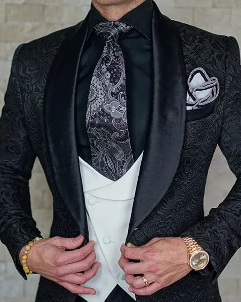 SHOWLU FASHION STORE Hot Selling Men Suits Pattern and Black Groom Tuxedos Shawl Satin Lapel Groomsmen Wedding Best Man ( Jacket+Pants+Vest+Tie) C691