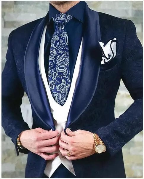 SHOWLU FASHION STORE Hot Selling Men Suits Pattern and Black Groom Tuxedos Shawl Satin Lapel Groomsmen Wedding Best Man ( Jacket+Pants+Vest+Tie) C691