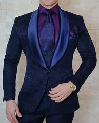 SHOWLU FASHION STORE Hot Selling Men Suits Pattern and Black Groom Tuxedos Shawl Satin Lapel Groomsmen Wedding Best Man ( Jacket+Pants+Vest+Tie) C691