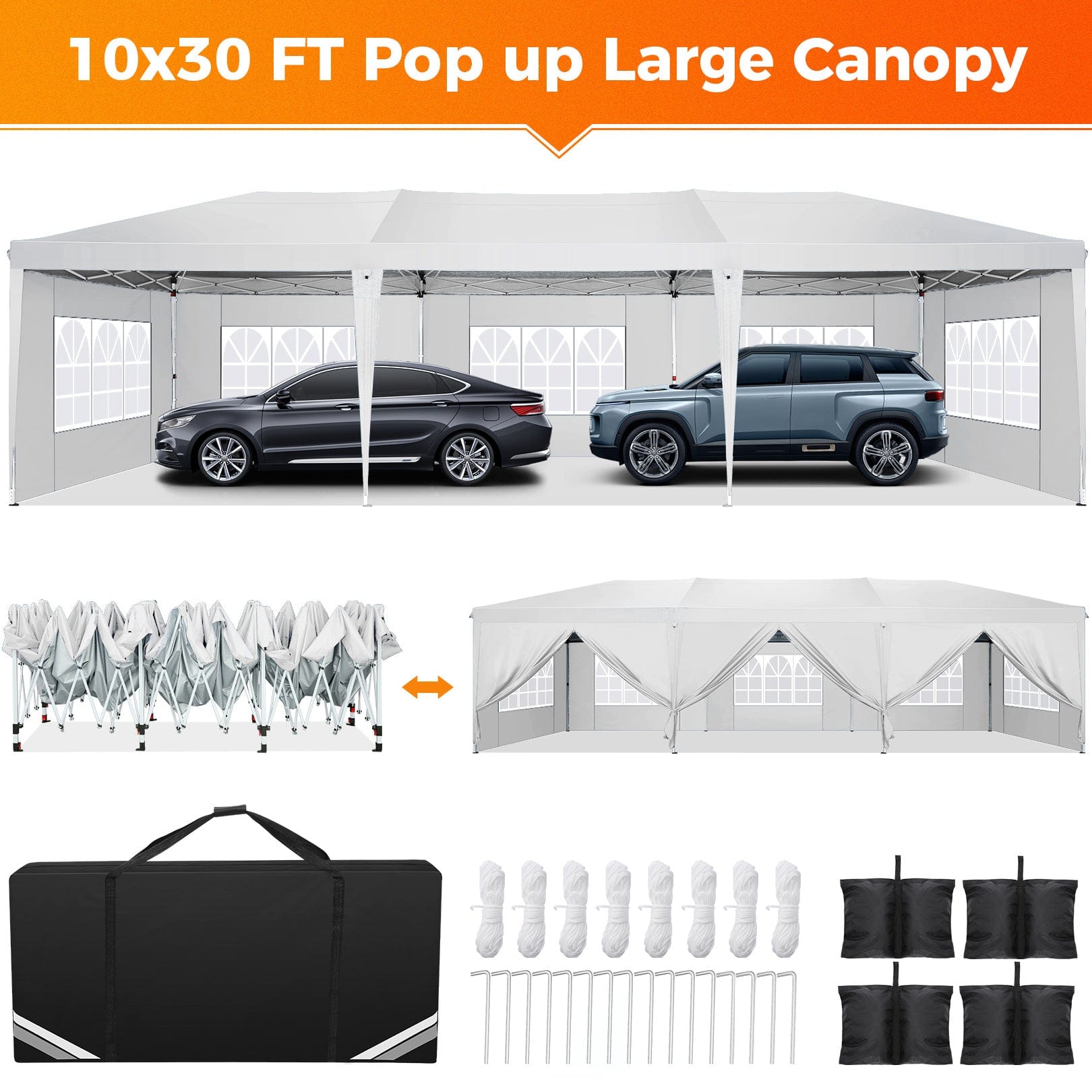  Showlu Fashion Store Hoteel 10x30Party Pop Up Canopy Tent, Removable Canopy Tent with 8 Side Walls, Waterproof Commercial Instant Shelter Tent for Weddings, Patio with Tote Bag and 4 Sandbags