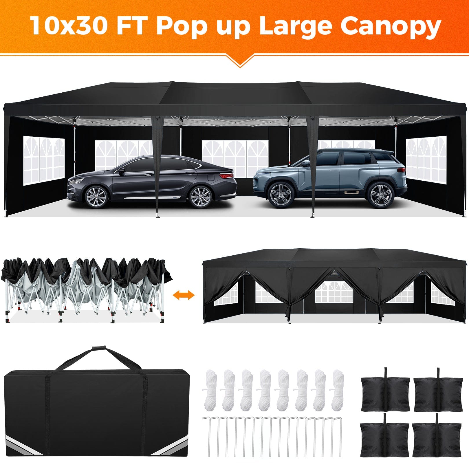  Showlu Fashion Store Hoteel 10x30Party Pop Up Canopy Tent, Removable Canopy Tent with 8 Side Walls, Waterproof Commercial Instant Shelter Tent for Weddings, Patio with Tote Bag and 4 Sandbags