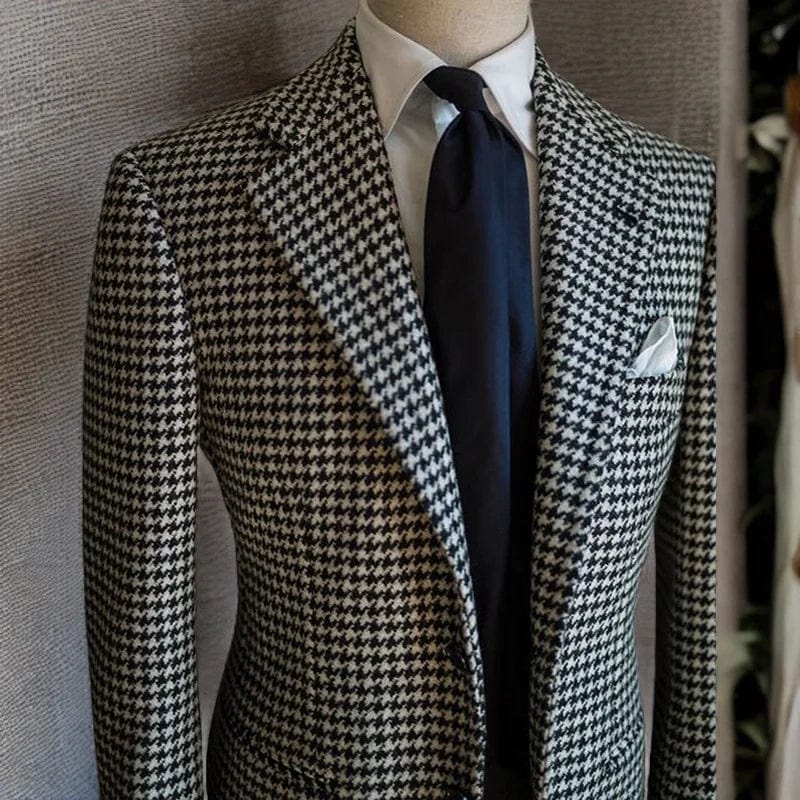 Men's houndstooth business blazer by SHOWLU FASHION, plaid notched lapel jacket for formal and professional wear.