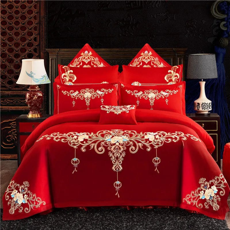 SHOWLU FASHION STORE HuaKai-FG / set / King Chinese wedding four-piece set big red embroidered newlywed bedding wedding festive set dragon and phoenix quilt embroidered bedding bed sheets quilt cover