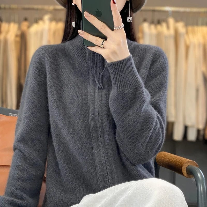 SHOWLU FASHION STORE hui / M / CHINA High Quality 100% Wool Women's Cardigan Standing Collar Bidirectional Zipper  Cashmere Sweater Autumn and Winter Sweater Jacket