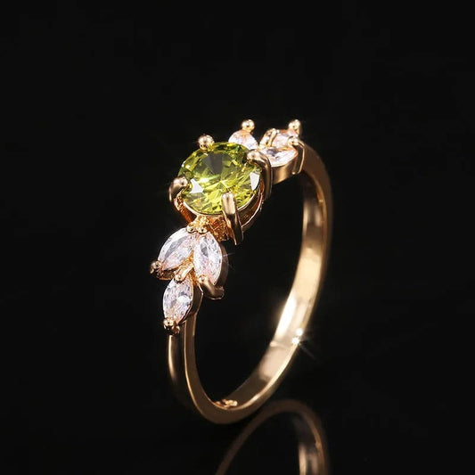  Showlu Fashion Store Huitan Delicate Women Wedding Ring Olive Green Round Zircon with Leave Shape Elegant Gold Color Girl Gift Rings Trendy Jewelry