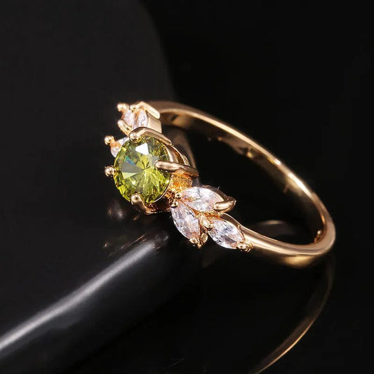  Showlu Fashion Store Huitan Delicate Women Wedding Ring Olive Green Round Zircon with Leave Shape Elegant Gold Color Girl Gift Rings Trendy Jewelry