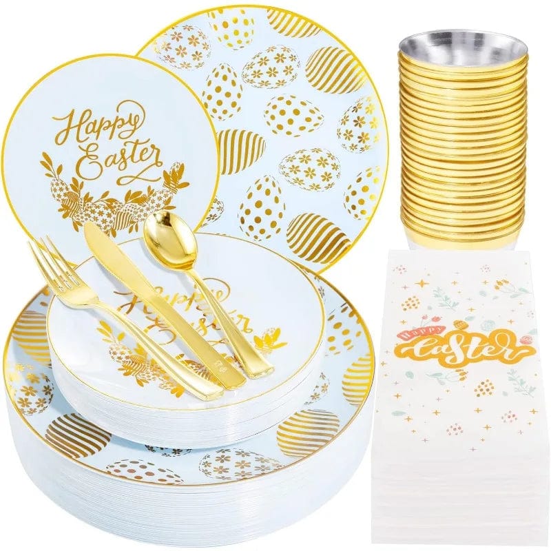 Showlu Fashion Store Ice Blue / United States 175PCS Solid Gold Plastic Plates with Gold Rim，Disposable Silverware Include25 Dinner Plates,25 Dessert Plates, 25 Forks