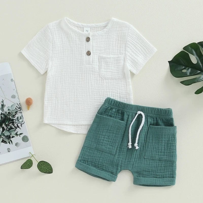 Showlu Fashion Store indigo / 24M 2Pcs Baby Boy Summer Outfits Set Short Sleeve Button Down Pocket Tops Shorts Set Toddler Clothes Cotton Soft Baby's Sets