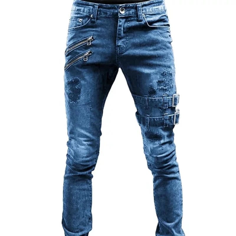  Showlu Fashion Store Indigo / S Men Slim Biker Ripped Long Denim Trousers Skinny Jeans Pocket Side Straps and Zips Male Jogging Pants Destroyed Stretchy Pants