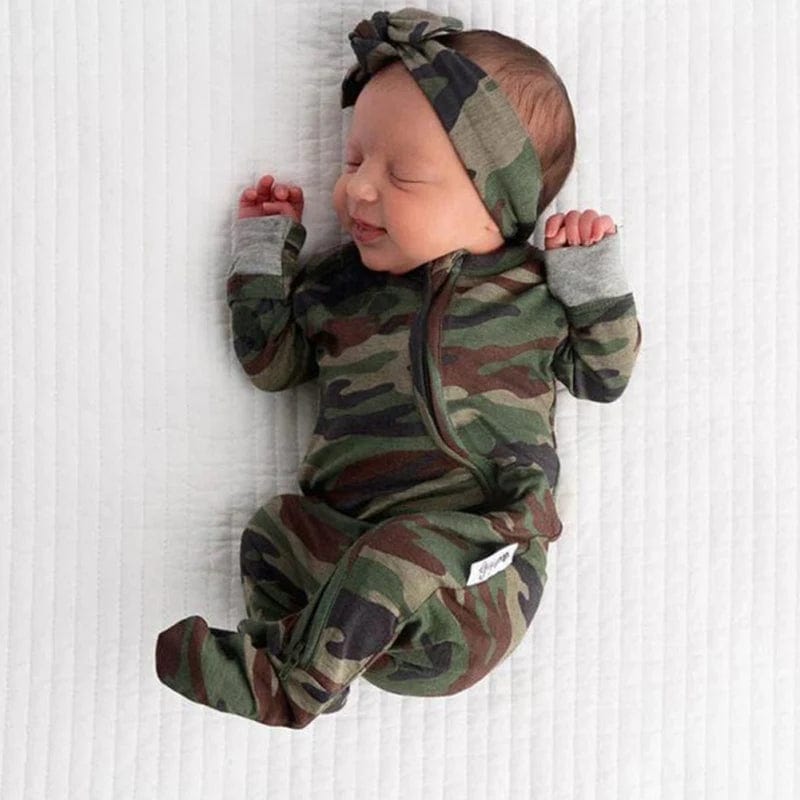 SHOWLU FASHION STORE Infant Toddlers Baby Boys Rompers Long Sleeve Camouflage One-piece Romper Headband Two-piece Suits