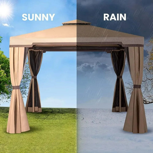  Showlu Fashion Store Iron Frame / United States Outdoor 10 x 10 FT Gazebo for Patio Iron Frame Garden Permanent Gazebo with Vented Soft Canopy and Mosquito Netting, Khaki