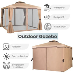  Showlu Fashion Store Iron Frame / United States Outdoor 10 x 10 FT Gazebo for Patio Iron Frame Garden Permanent Gazebo with Vented Soft Canopy and Mosquito Netting, Khaki