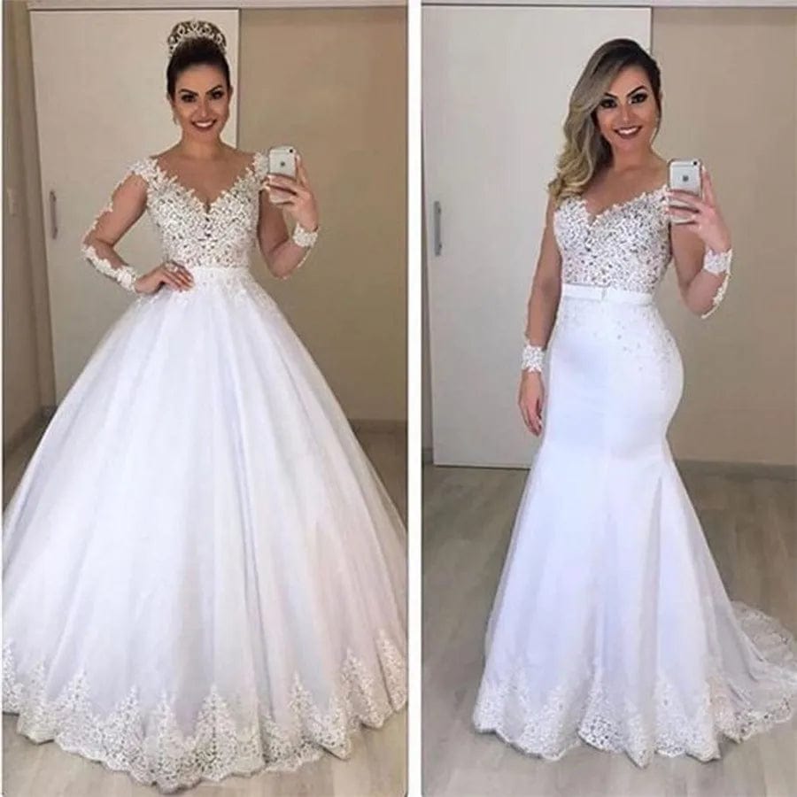 SHOWLU FASHION STORE Ivory / 20W Sheer Long Sleeves Mermaid Wedding Dresses See Through Back Custom Two Pieces Bridal Gowns Modest Vestidos De Novia