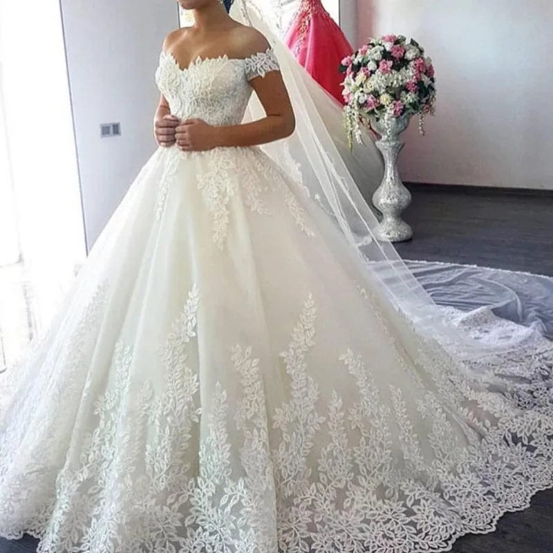  Showlu Fashion Store Ivory 50cm train / 2 White Off the Shoulder Vestido De Noiva Wedding Dress Custom-made Plus Size Vestidos De Novia Bridal Tulle Mariage