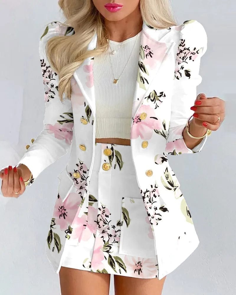  Showlu Fashion Store Ivory / S Long Sleeve Suit Jacket Dress Set Spring Fashion Elegant Solid Turn Down Collar Coat Buns Two Piece Sets For Women Outfit 2023