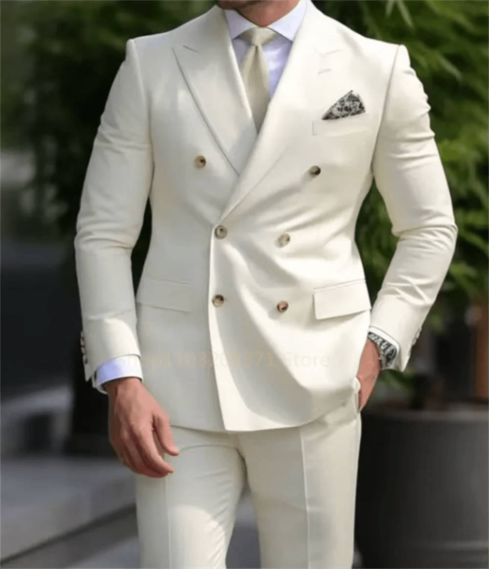 SHOWLU FASHION STORE Ivory / XXXL (EU56 or US46) High Quality Brown Men Suits 2024 Double Breasted Bespoke Wedding Suit Peaked Lapel Formal Blazer Slim Fit 2 Piece Jacket Pants