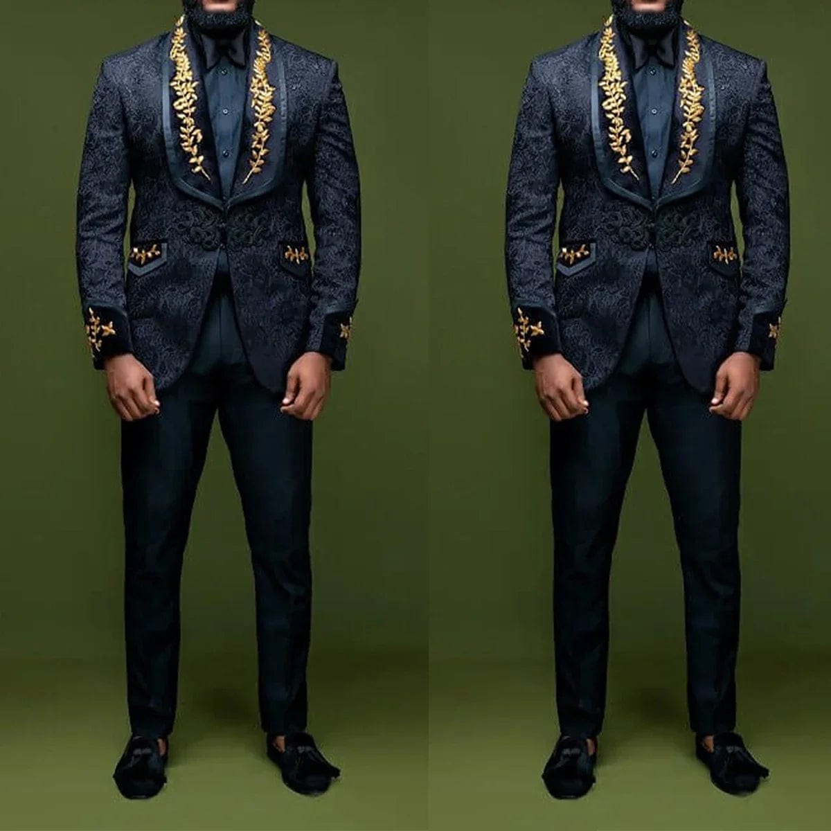 SHOWLU FASHION STORE jacket and pant / L(EU50 Or US40) Black Jacquard Men Suit Tailor-Made 2 Pieces Blazer Pants One Button Gold Appliques Wedding Groom Business Suits