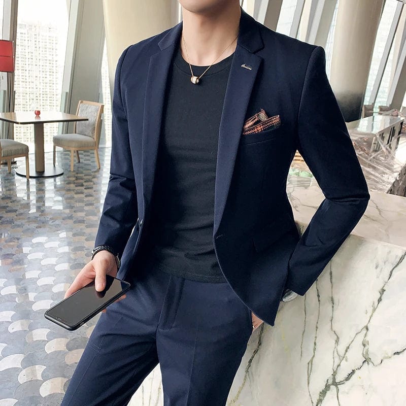 SHOWLU FASHION STORE (Jacket+Pants) Fashion Men's Pure Color Leisure Suits Gray Blue Black Slim Fit Men Business Banquet Suit Set Plus Size 6XL 7XL