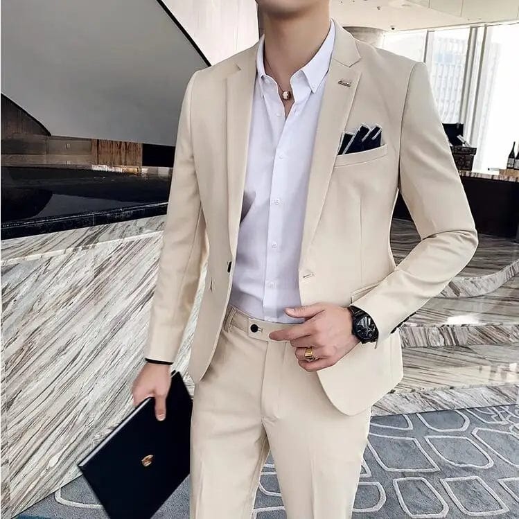 SHOWLU FASHION STORE (Jacket+Pants) Fashion Men's Pure Color Leisure Suits Gray Blue Black Slim Fit Men Business Banquet Suit Set Plus Size 6XL 7XL