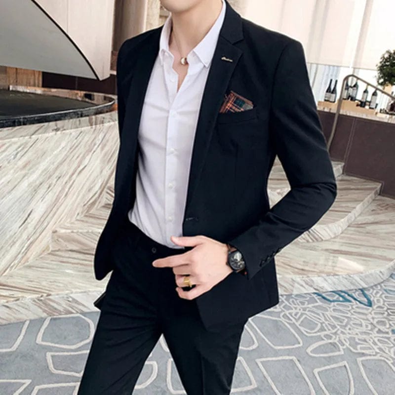 SHOWLU FASHION STORE (Jacket+Pants) Fashion Men's Pure Color Leisure Suits Gray Blue Black Slim Fit Men Business Banquet Suit Set Plus Size 6XL 7XL