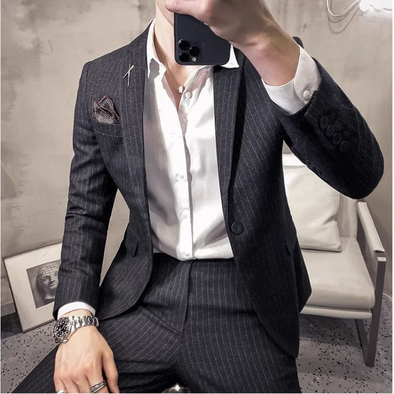 SHOWLU FASHION STORE (Jacket+Pants) Fashion Men's Pure Color Leisure Suits Gray Blue Black Slim Fit Men Business Banquet Suit Set Plus Size 6XL 7XL