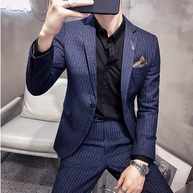 SHOWLU FASHION STORE (Jacket+Pants) Fashion Men's Pure Color Leisure Suits Gray Blue Black Slim Fit Men Business Banquet Suit Set Plus Size 6XL 7XL