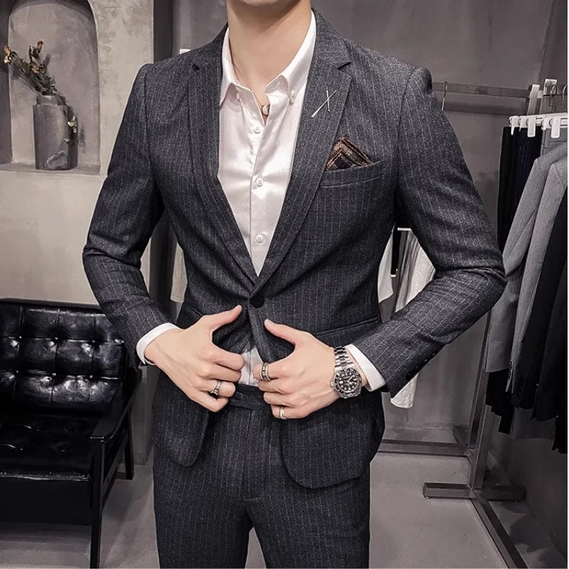 SHOWLU FASHION STORE (Jacket+Pants) Fashion Men's Pure Color Leisure Suits Gray Blue Black Slim Fit Men Business Banquet Suit Set Plus Size 6XL 7XL