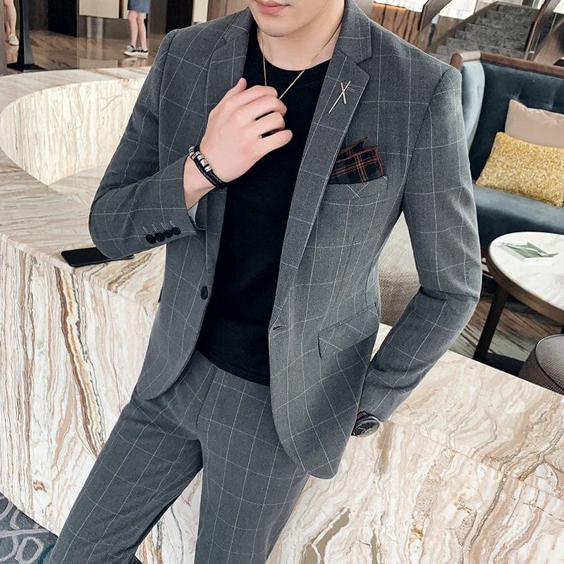 SHOWLU FASHION STORE (Jacket+Pants) Fashion Men's Pure Color Leisure Suits Gray Blue Black Slim Fit Men Business Banquet Suit Set Plus Size 6XL 7XL