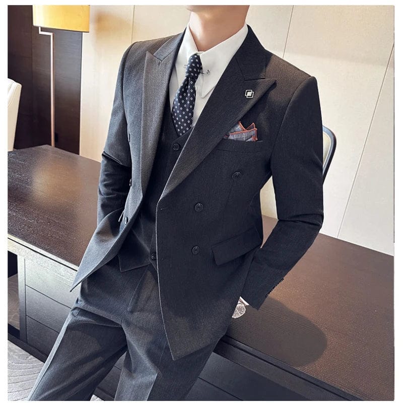 SHOWLU FASHION STORE (Jackets+Vest+Pants) Men's Business Double-Breasted Suits Male Slim Fit Solid Color Groom's Wedding Dress Man Fashion Tuxedo 7XL