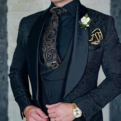 SHOWLU FASHION STORE Jacquard Men's 3-piece Suit Set Formal Party Dress Groom's Tuxedo High Quality Elegant Men's Customized Outfit